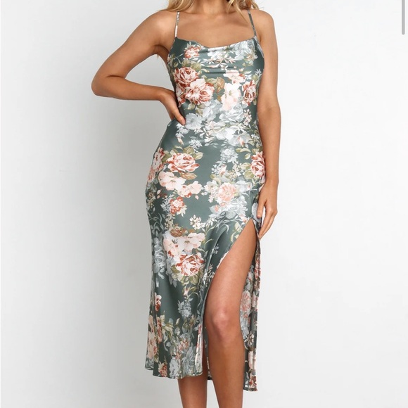 Dresses & Skirts - Floral Satin Cowl Neck Midi Dress in Sage Green